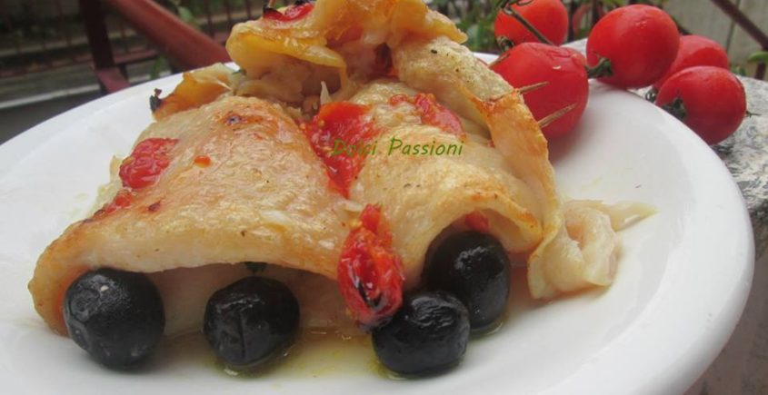 Filetti di merluzzo con pomodorini ed olive nere dolci